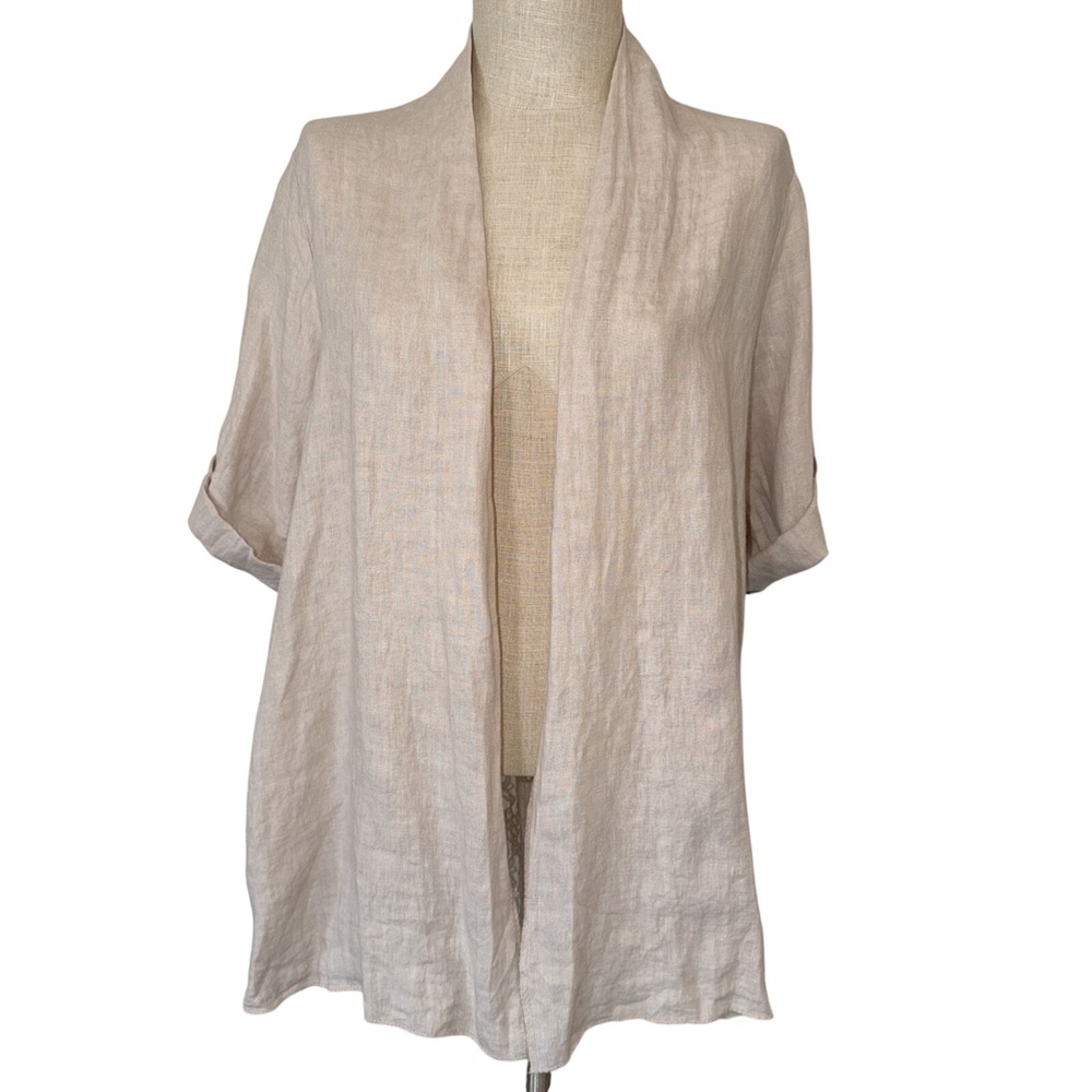 Lungo L'Arno Womens Small Beige Linen Open Front Cardigan Lace Panel Made Italy‎